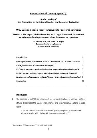 Presentation of Timothy Lyons QC  At the hearing of  the Committee on the Internal Market and