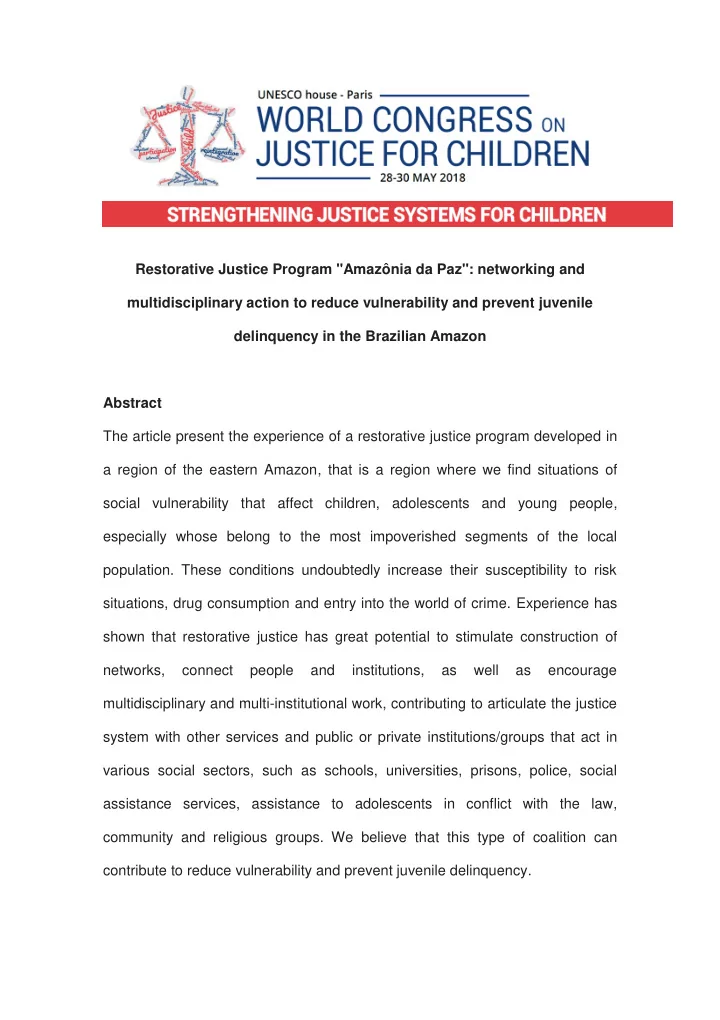 restorative justice program amaz nia da paz networking