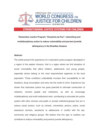 Restorative Justice Program &quot;Amaznia da Paz&quot;: networking and  multidisciplinary action