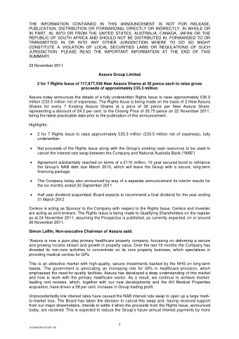 THE INFORMATION CONTAINED IN THIS ANNOUNCEMENT IS NOT FOR RELEASE,  PUBLICATION, DISTRIBUTION OR