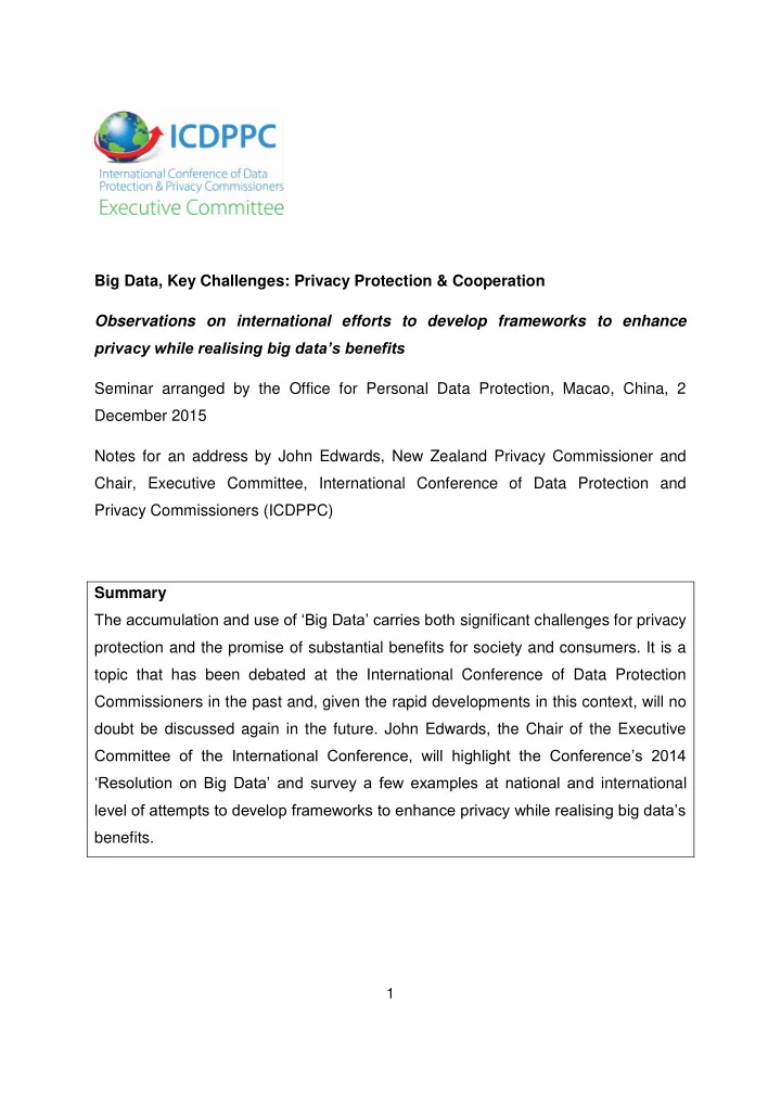 big data key challenges privacy protection cooperation