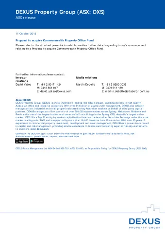 DEXUS Property Group (ASX: DXS)  ASX release 11 Oct ober 2013  Proposal to acquire Commonwealth