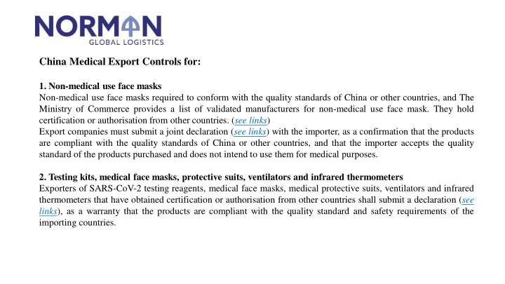 china medical export controls for