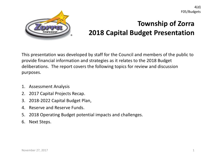 township of zorra 2018 capital budget presentation