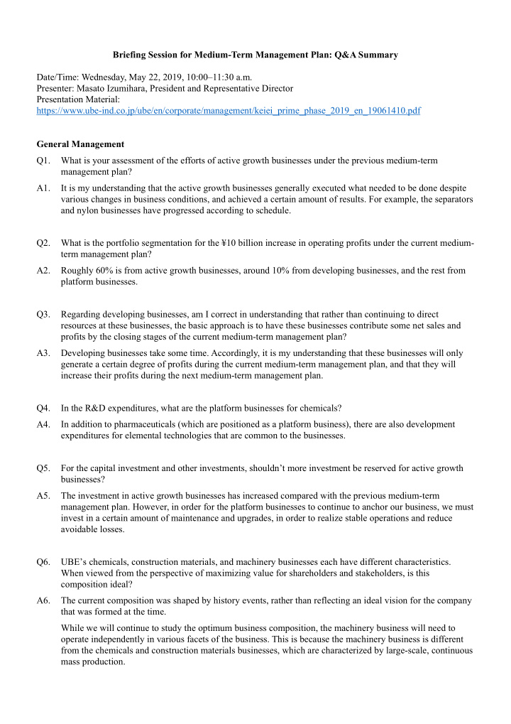 briefing session for medium term management plan q a
