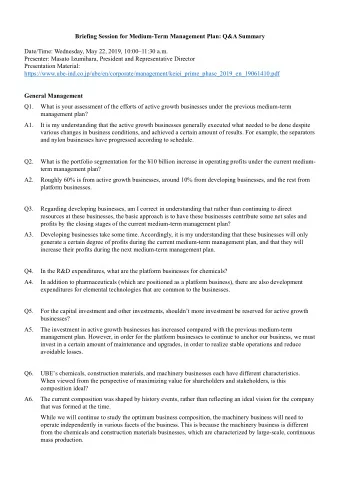 Briefing Session for Medium-Term Management Plan: Q&amp;A Summary  Date/Time: Wednesday, May 22,