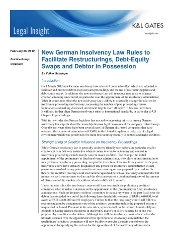 February 23, 2012  New German Insolvency Law Rules to  Facilitate Restructurings, Debt-Equity