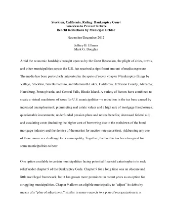 Stockton, California, Ruling: Bankruptcy Court  Powerless to Prevent Retiree  Benefit Reductions by