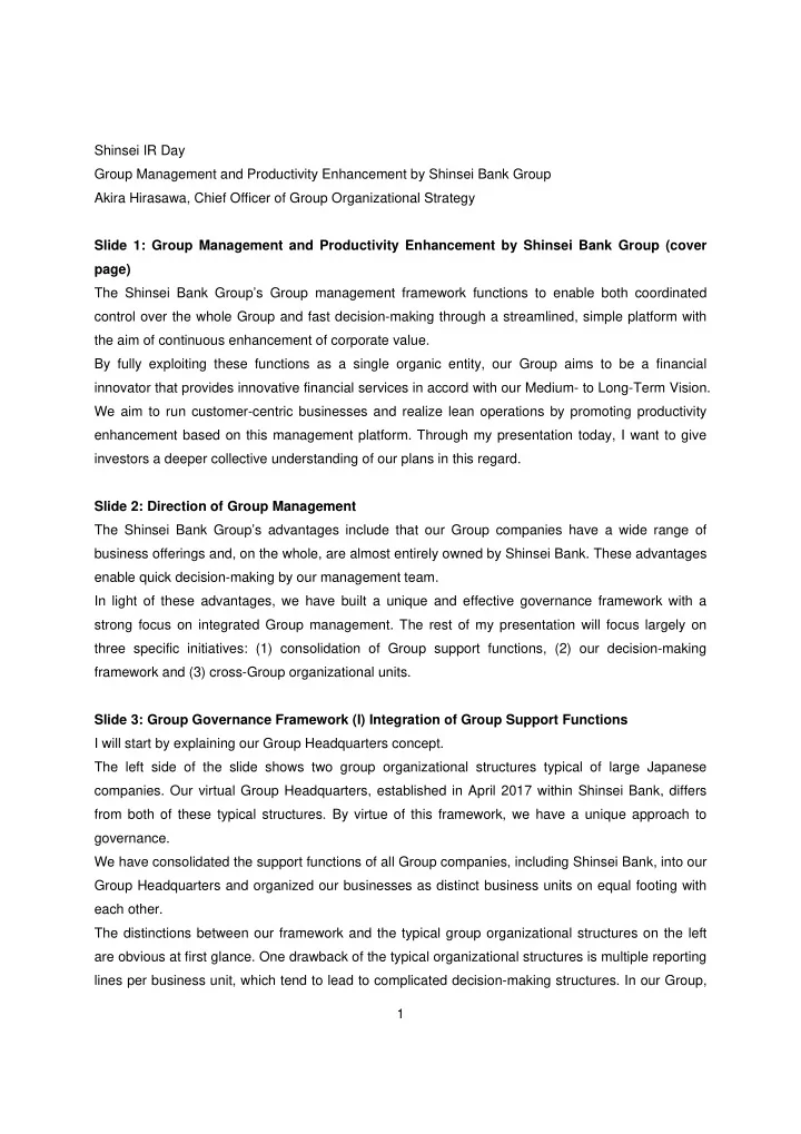shinsei ir day group management and productivity
