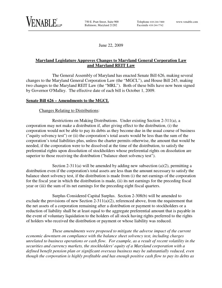 june 22 2009 maryland legislature approves changes to