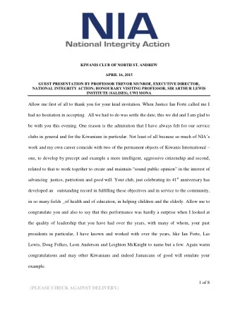 KIWANIS CLUB OF NORTH ST. ANDREW  APRIL 16, 2015  GUEST PRESENTATION BY PROFESSOR TREVOR MUNROE,
