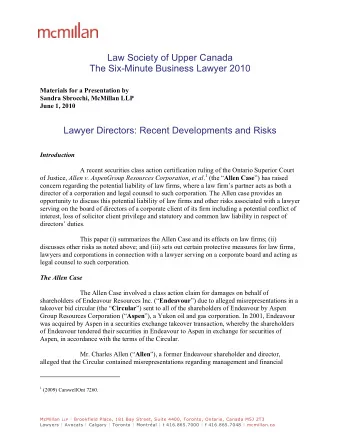 Materials for a Presentation by  Sandra Sbrocchi, McMillan LLP  June 1, 2010  Lawyer Directors: