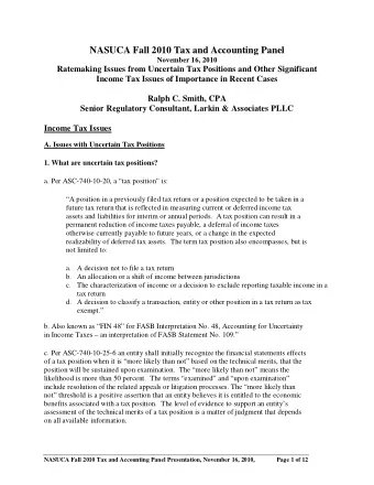 NASUCA Fall 2010 Tax and Accounting Panel  November 16, 2010  Ratemaking Issues from Uncertain Tax