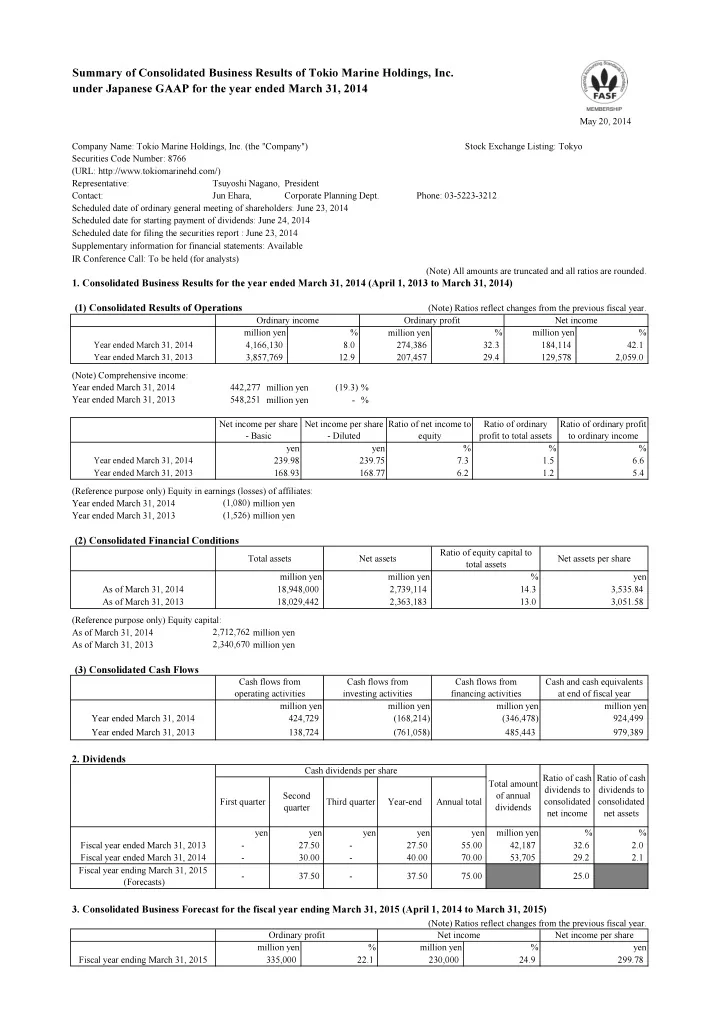 summary of consolidated business results of tokio marine