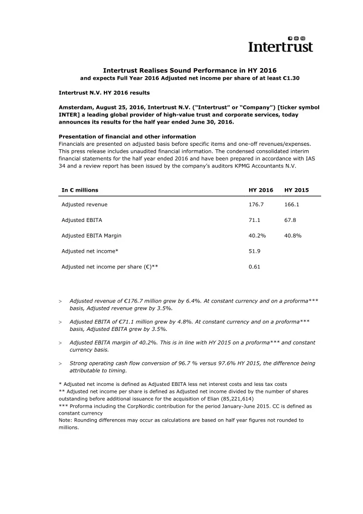 intertrust realises sound performance in hy 2016 and