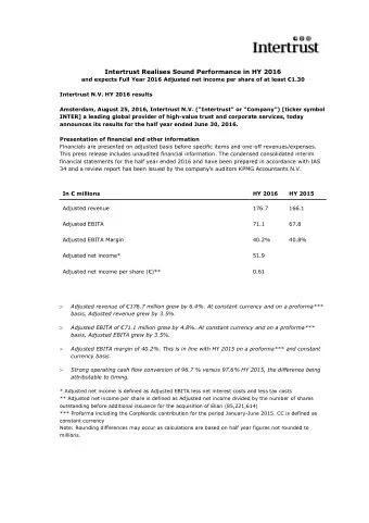 Intertrust Realises Sound Performance in HY 2016 and expects Full Year 2016 Adjusted net income per