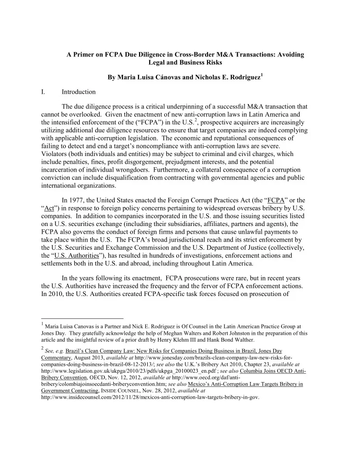 a primer on fcpa due diligence in cross border m a