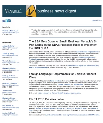 business news digest  February 2015  Issue Editor:  Venable attorneys produce periodic alerts and