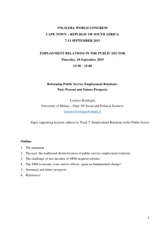 17th ILERA WORLD CONGRESS  CAPE TOWN  - REPUBLIC OF SOUTH AFRICA  7-11 SEPTEMBER 2015  EMPLOYMENT