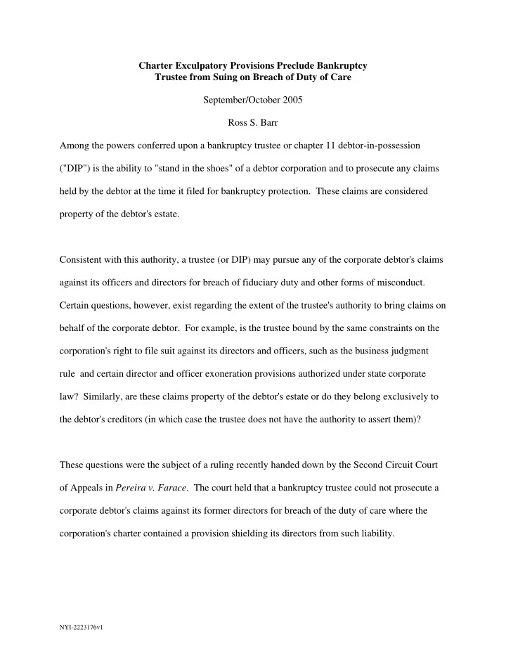charter exculpatory provisions preclude bankruptcy