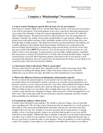 Complete a  Relationships  Presentation  Speech Tips 1. I am so scared of giving my speech.