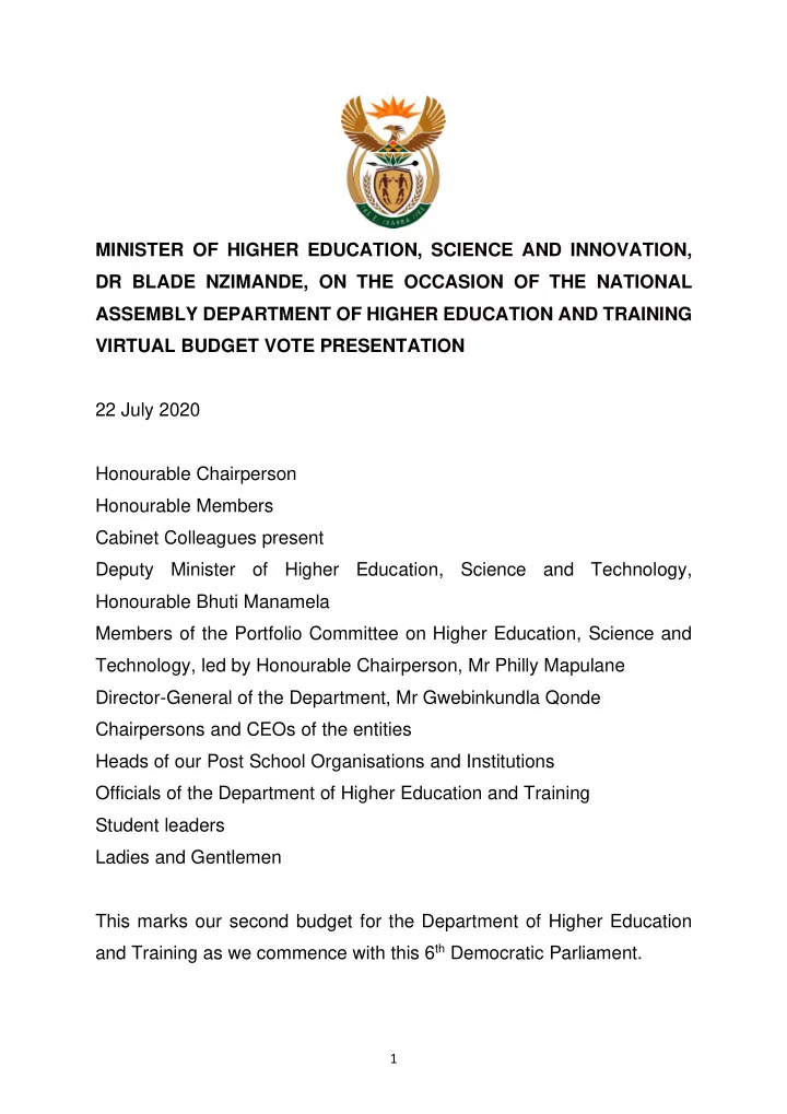 22 july 2020 honourable chairperson honourable members