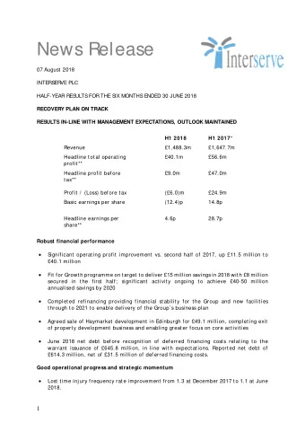 News Release  07 August  2018  INTERS  ERVE PLC  HALF-YEAR RES  ULTS  FOR THE S  IX MONTHS  ENDED