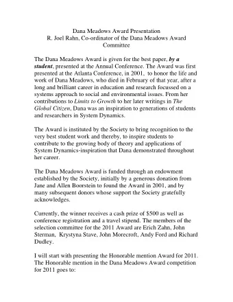 Dana Meadows Award Presentation  R. Joel Rahn, Co-ordinator of the Dana Meadows Award  Committee