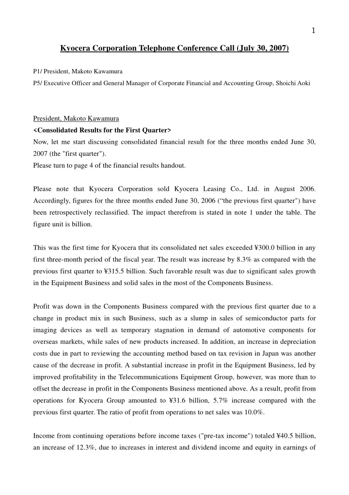 1 kyocera corporation telephone conference call july 30