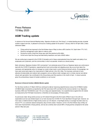 Press Release  15 May 2020  AGM Trading update  In advance of its Annual General Meeting today,