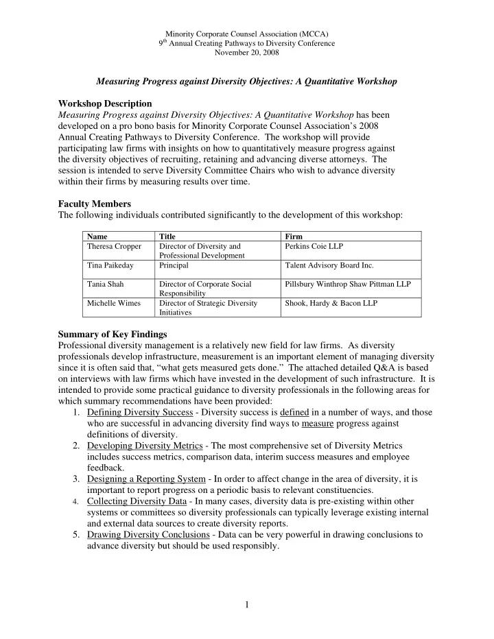 measuring progress against diversity objectives a