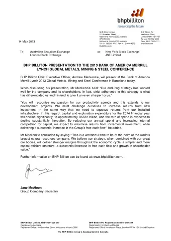 BHP BILLITON PRESENTATION TO THE 2013 BANK OF AMERICA MERRILL  LYNCH GLOBAL METALS, MINING &amp;