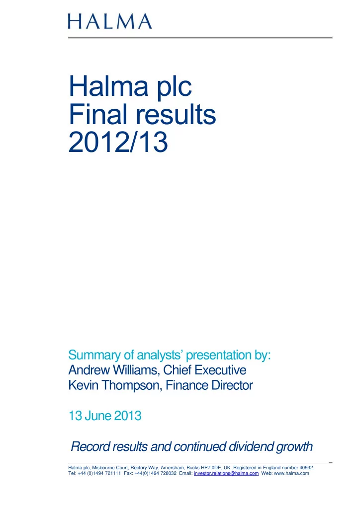 halma plc final results 2012 13