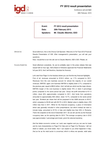 FY 2012 result presentation  Conference call and Q&amp;A  28th February  2013  Event:  FY 2012