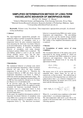SIMPLIFIED DETERMINATION METHOD OF LONG-TERM  VISCOELASTIC BEHAVIOR OF AMORPHOUS RESIN H. Cai 1 *,