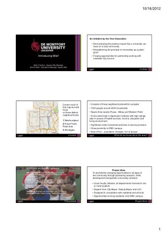 10/16/2012  An initiative by the Vice-Chancellor:   Demonstrating the positive impact that a