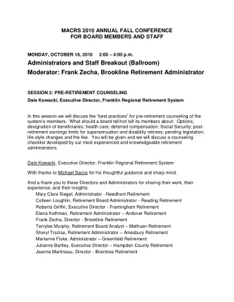 Administrators and Staff Breakout (Ballroom) Moderator: Frank Zecha, Brookline Retirement