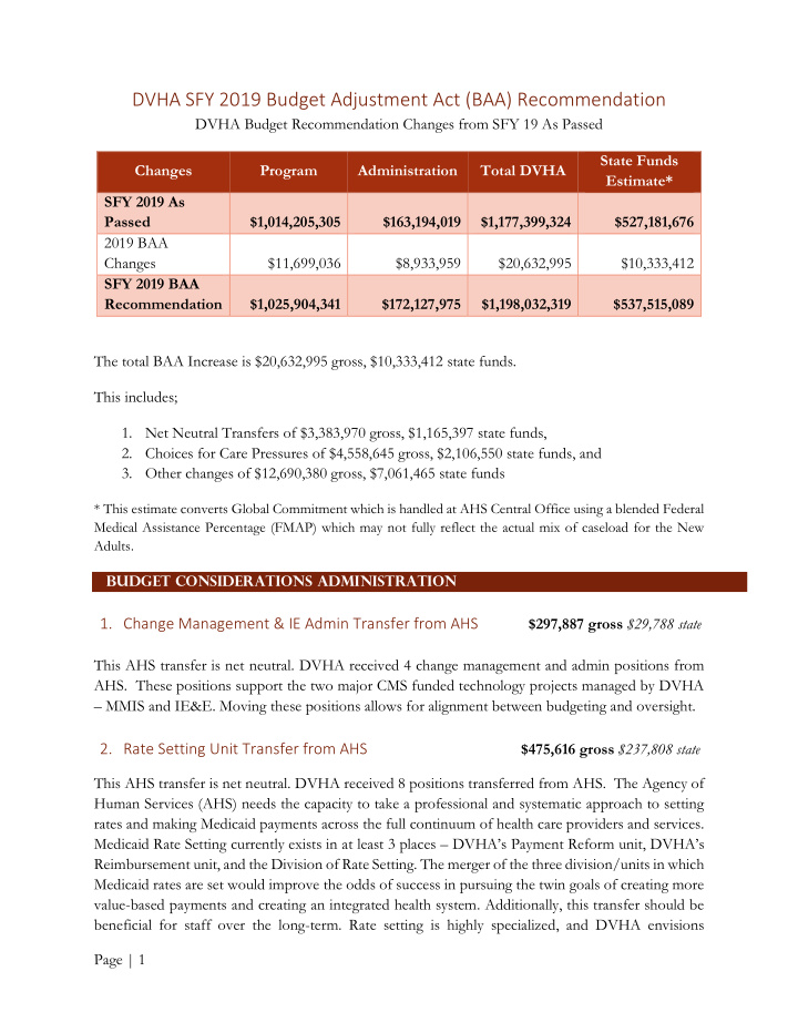 dvha sfy 2019 budget adjustment act baa recommendation