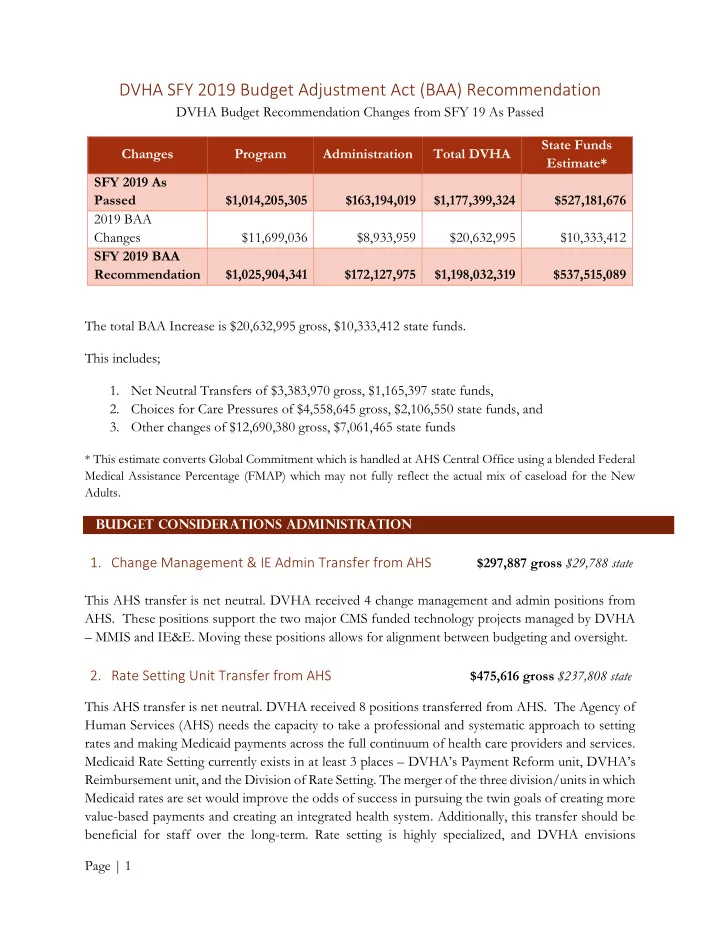 dvha sfy 2019 budget adjustment act baa recommendation