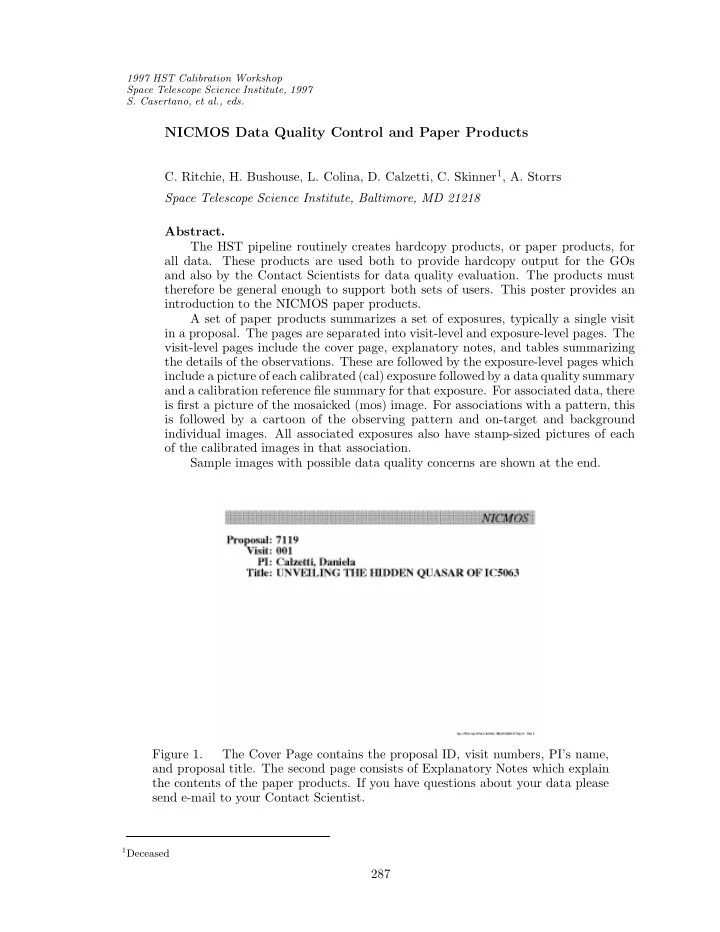 nicmos data quality control and paper products