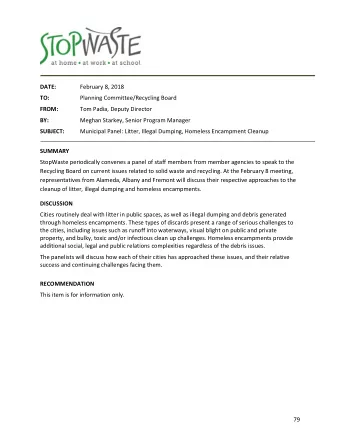 DATE:  February 8, 2018  TO: Planning Committee/Recycling Board FROM:  Tom Padia, Deputy Director