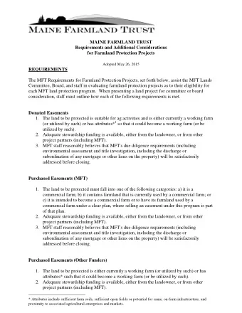 Adopted May 26, 2015  REQUIREMENTS  The MFT Requirements for Farmland Protection Projects, set