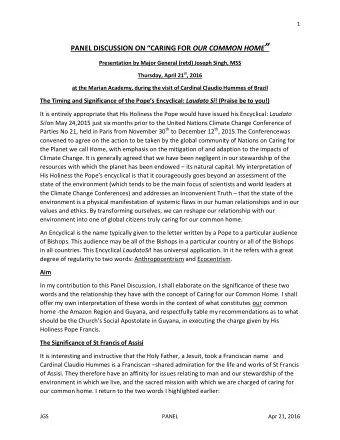 PANEL DISCUSSION ON  CARING FOR OUR COMMON HOME   Presentation by Major General (retd) Joseph