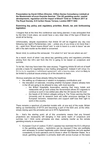 Presentation by David Clifton (Director, Clifton Davies Consultancy Limited) at the Westminster