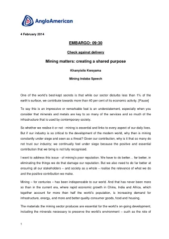 EMBARGO: 09:30  Check against delivery  Mining matters: creating a shared purpose  Khanyisile