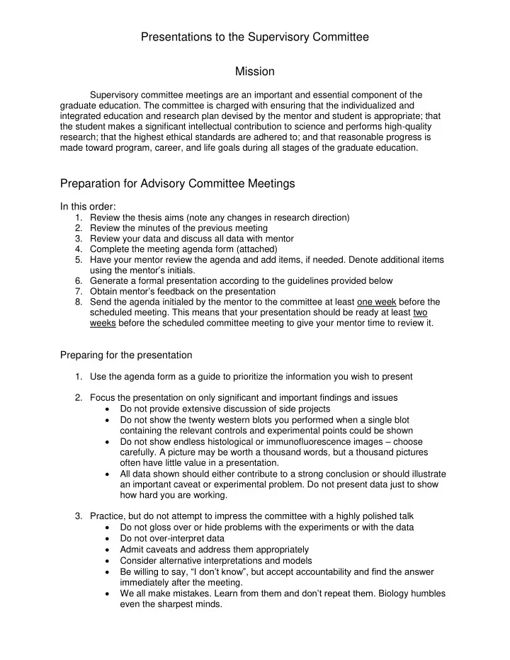 presentations to the supervisory committee