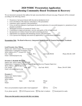 2020 WBHC Presentation Application  Strengthening Community-Based Treatment &amp; Recovery  We are