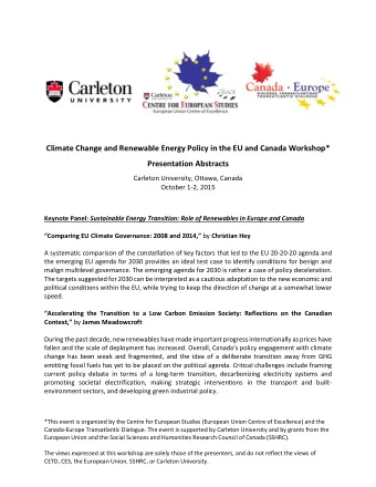 Climate Change and Renewable Energy Policy in the EU and Canada Workshop*  Presentation Abstracts