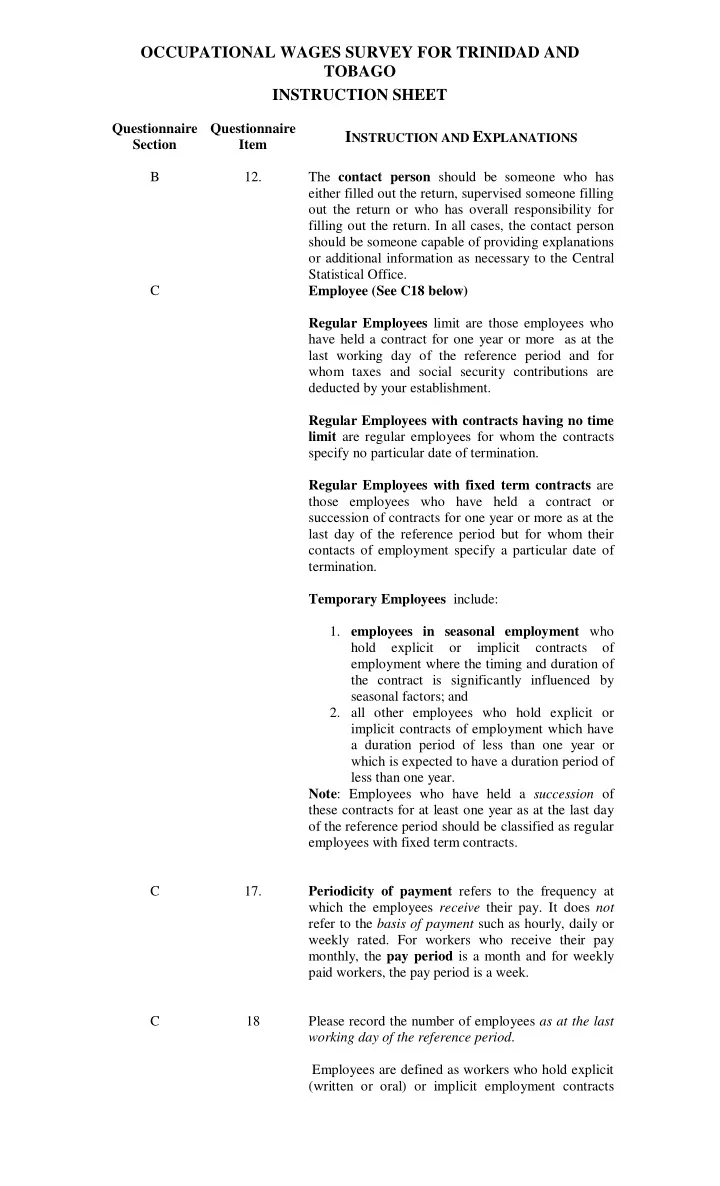 occupational wages survey for trinidad and tobago