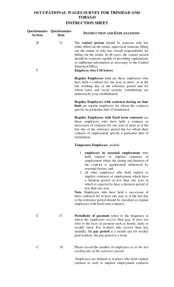 OCCUPATIONAL WAGES SURVEY FOR TRINIDAD AND  TOBAGO  INSTRUCTION SHEET  Questionnaire  Questionnaire
